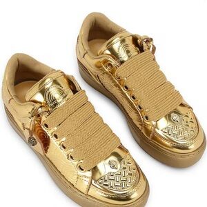 Kurt Geiger LondonSouthbank Tag Patent Leather Platform Gold Sneakers-7.5/38 New